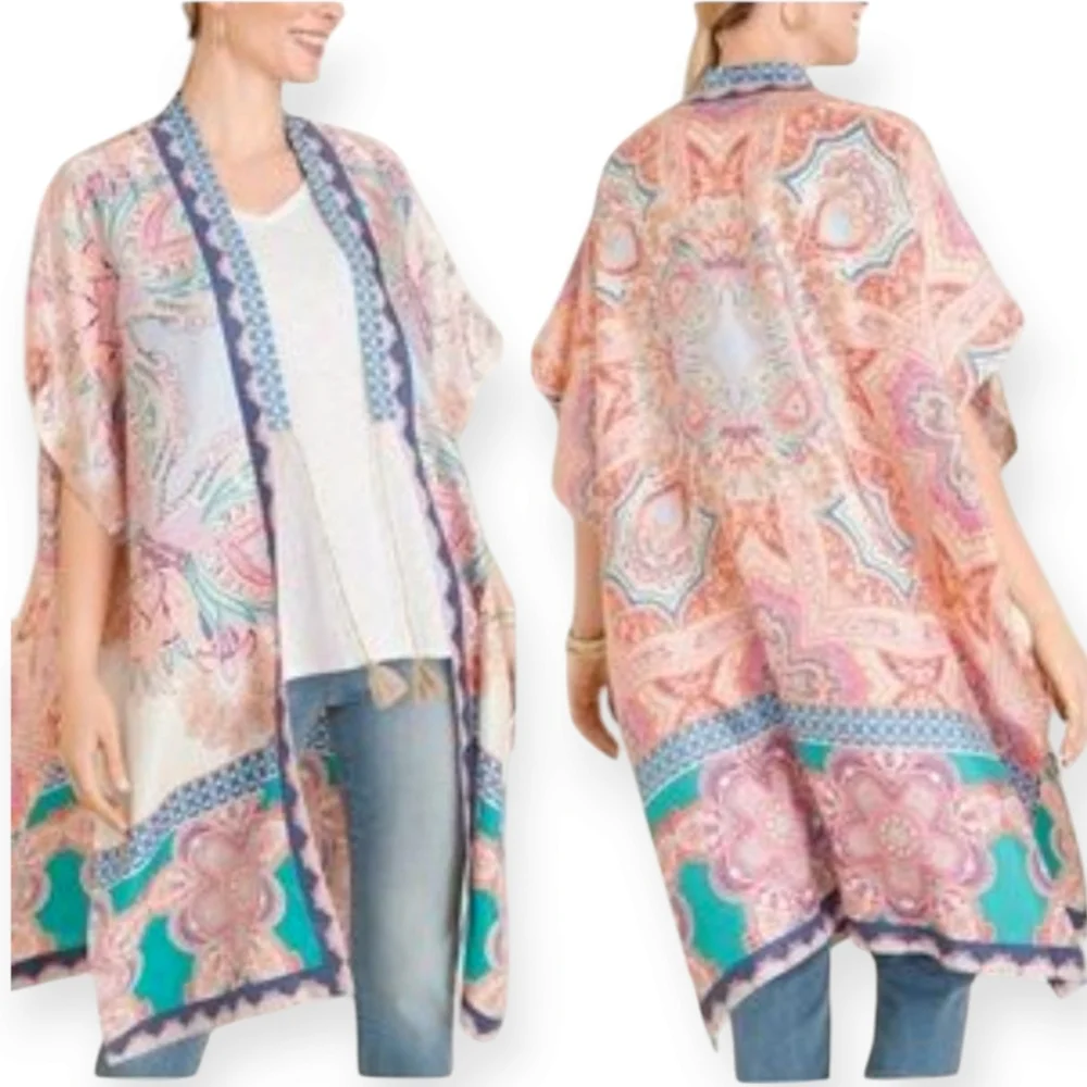 Chico's pink orange blue purple washable silk ruana wrap kimono Womens L/XL